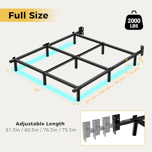 Full Bed Frame with LED Lights, 7 Inch Heavy Duty Metal Base for Box Spring