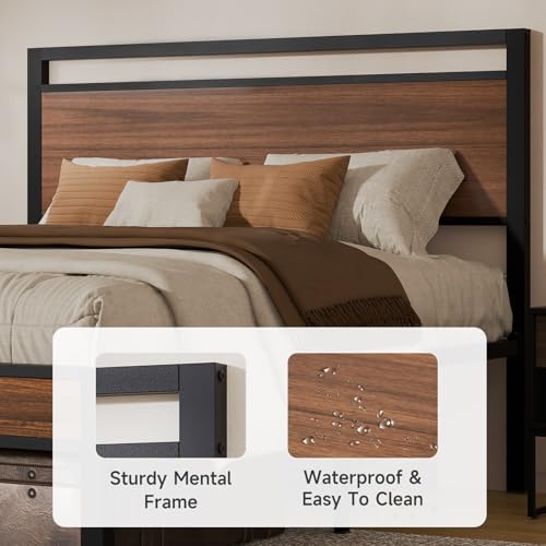 Queen Metal Bed Frame&Wooden Headboard&Footboard,No Box Spring,Walnut