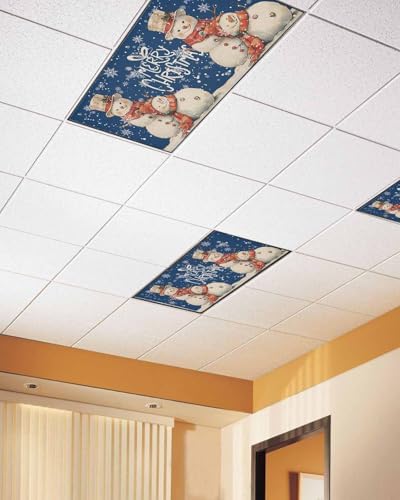 Christmas Snowman Magnetic Fluorescent Light Covers for Ceiling Lights 2 x 4 Feet,Vintage Snowflakes Watercolor Blue Office Classroom Kitchen Drop Ceiling Light Covers Filters Shade Panel 3 Packs