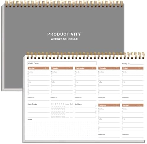 Weekly Productivity Planner - 8" x 11" Dashboard Desk Pad/Planner, Habit Tracker, Spiral Undated Weekly Planner for Office/School/Home, 54 Weeks, Grey