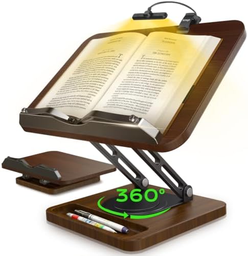 Book Stand with Light, 360° Rotating Holder with Page Clip, Ergonomic