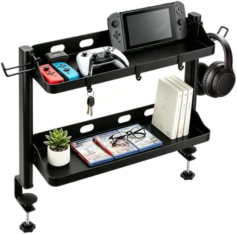 Clamp On Desk Shelf Organizer, 2-Tier Storage with Hooks