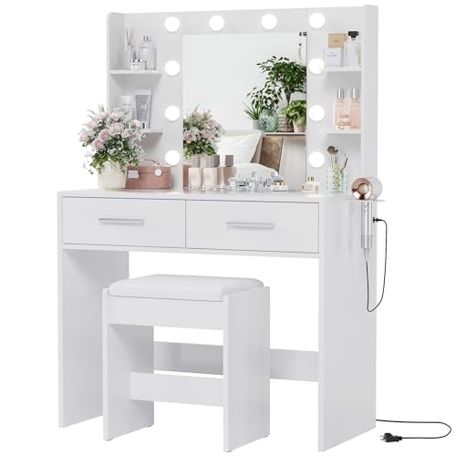 Vanity Desk with Mirror, Makeup Table, Matte White