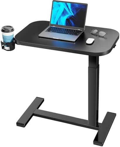 HUANUO 28Inch Bedside Table with Wheels, Height-Adjustable Rolling Computer Cart, Overbed Table with Cup Holder, Pneumatic Laptop Standing Desk for Home Office, Black