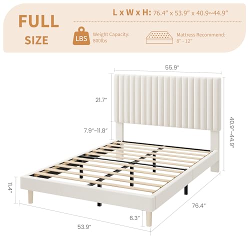 Full Bed Frame with Adjustable Headboard, Velvet Upholstered Platform Bed