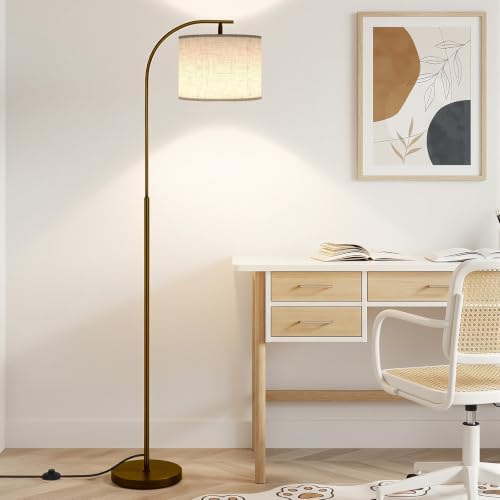 SIBRILLE Floor Lamp with Linen Shade, Arc Dimmable Tall Standing Lamp with Remote Control, Modern Floor Reading Light for Living Room Bedroom Office Corner, 9W LED Bulb Included