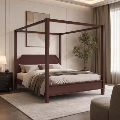Walnut Wooden Canopy Bed Frame Queen with Tall Headboard