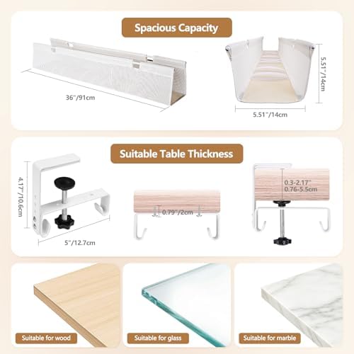 SHUWEI 35.6" Under Desk Cable Management Tray, Mesh, No-Drill Mount, White
