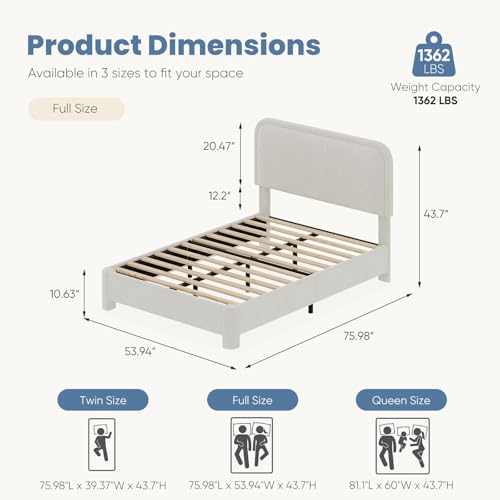 Teddy Boucle Bed Frame Full Size with Adjustable Headboard, Cloud Upholstered Platform Bed, Soft Rounded Corners, No Box Spring Needed, Sturdy Noise-Free Support, Easy Assembly, White