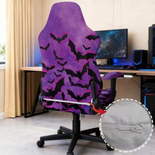 Halloween Gaming Chair Protector Slipcover 4-Piece Fits Office/PC Boss Recliners Anti-Scratch Washable with Zipper for Living Room Purple Black Bat
