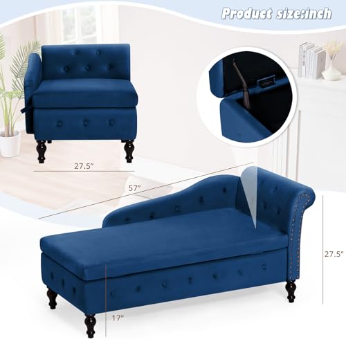 Velvet Chaise Lounge w/Right Armrest & Storage Space, Blue