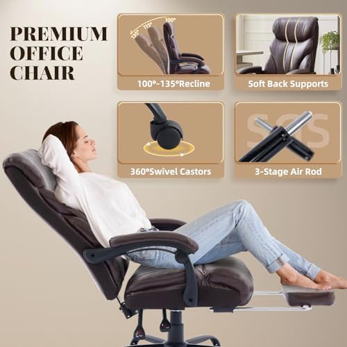 Big and Tall Office Chairs with Foot Rest,500LBS Wide Ergonomic Gaming Chair,100-135°Recline Executive Leather Computer Chairs with Adjustable Height,Coffee