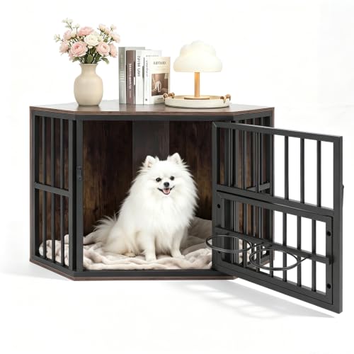 Corner Dog Crate Furniture with Adjustable & Reversible Feeder