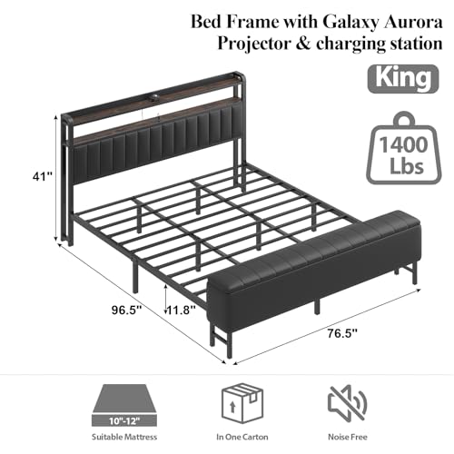 King Size Platform Bed Frame with Storage Headboard, Star Projector, Black