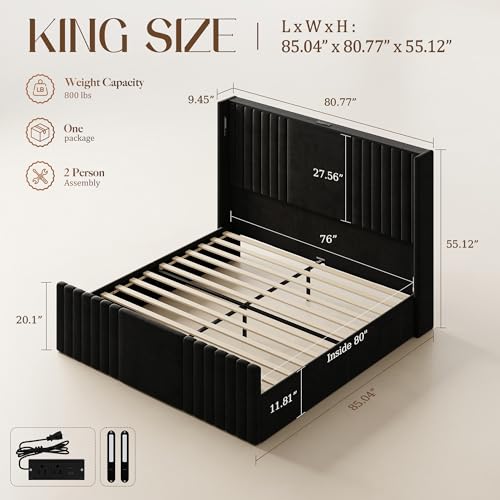 55" Tall King Size Platform Bed Frame with 2 Reading Lights, Black