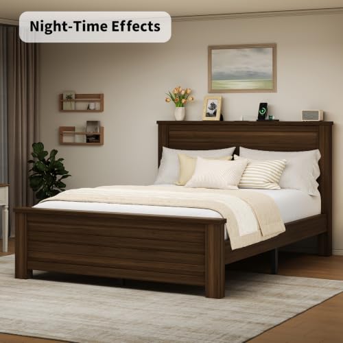 Wooden Platform Full Bed Frame with Charg3 Station, Thick Headboard, Brown