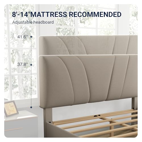 Queen Bed Frame, Upholstered Platform Queen Size Bed Frame with Adjustable Headboard, Easy Assembly, No Box Spring Needed, Beige