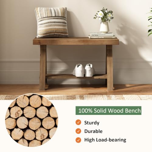 Solid Wood Bench, 30" Farmhouse Entryway Bench with Shoe Storage