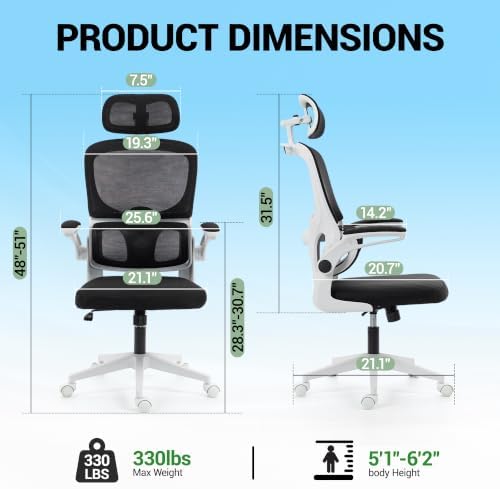 Ergonomic Office Chair with Flip-up Arms & Coat Hanger, White