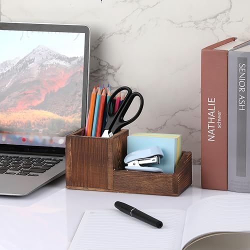 Hipiwe Vintage Wood Business Card Holder Stand for Desk with Pen Pencil Cup