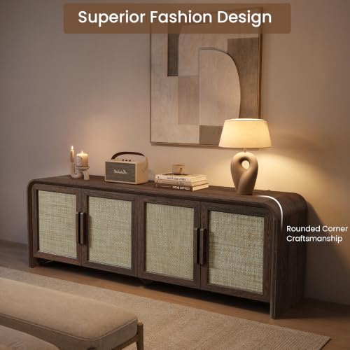 65" Rattan TV Stand with Storage for 75" TV,Dark Walnut