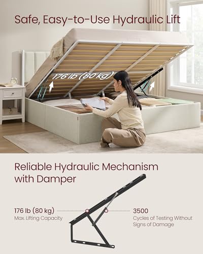 VASAGLE Lift Up Storage Bed Frame, King Size, Upholstered Headboard