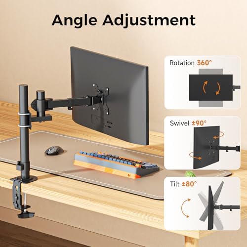 suptek Single Monitor Arm, Universal 1 Tier Arm Fully Adjustable Pole Mount Bracket Monitor Mounting for 13 to 32 inch Screen, Weight up to 22lbs, Mounting Holes 75x75mm to 100x100mm,Black