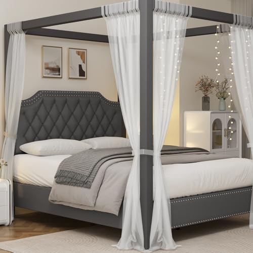Upholstered Canopy Bed Queen Size with Button Tufted headboard