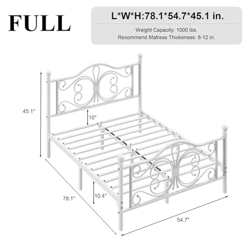 Full Size Bed Frame with Butterfly Pattern Design Headboard, White