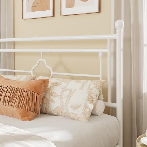 Full Size Metal Platform Bed Frame, Victorian Headboard, White