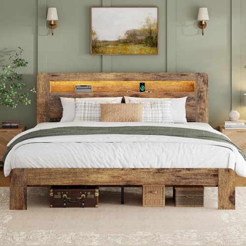 King Wood Bed Frame with Storage Headboard and Charging Station