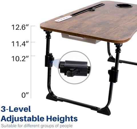 BYMECOST Laptop Desk for Bed, Height Adjustable Laptop Bed Table, Foldable Portable Lap Desk Stand with USB/Storage Drawer/Cup Holder/Slot, Breakfast Tray for Working Reading Writing Eating