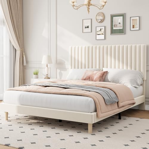 Full Bed Frame with Adjustable Headboard, Velvet Upholstered Platform Bed