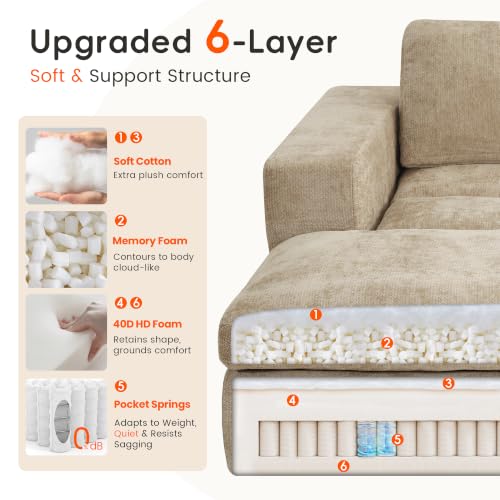 81" Oversized Double Chaise Lounge, Cloud Boneless Sofa Bed, Khaki