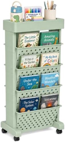 5-Tier Rolling Bookshelf Cart with Wheels, Green