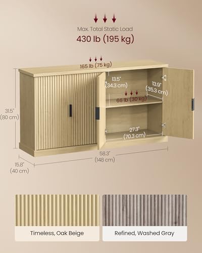 VASAGLE Contemporary Buffet Cabinet with Adjustable Shelves, Fluted Doors