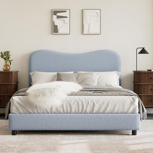 Queen Bed Frame with Boucle Fabric, Blue