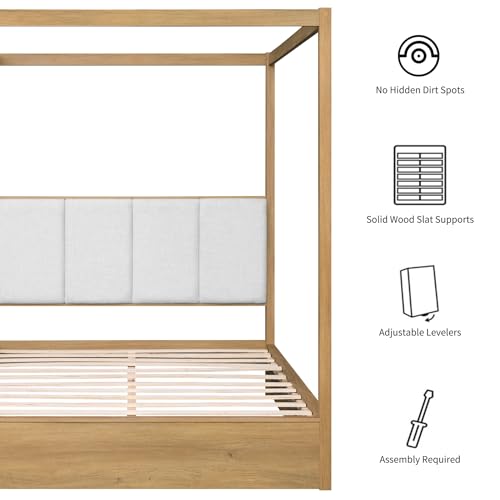 Wood Canopy Bed Frame Queen Size, Oak Bed w/Solid Wood Posters