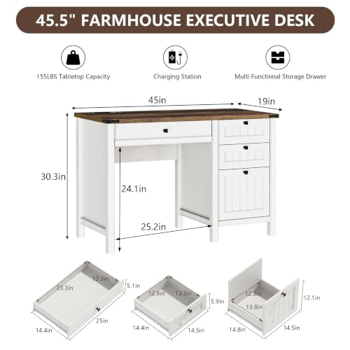 White Farmhouse Desk, 45" Desk with Outlets & File Drawer