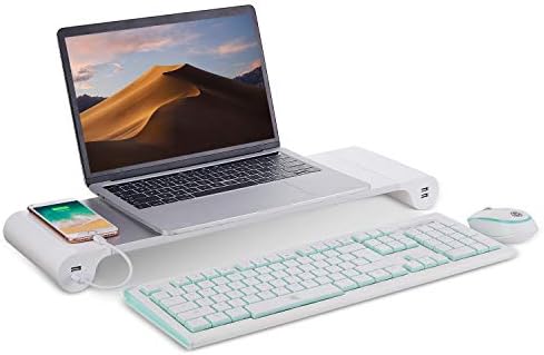 PG Silver Monitor Stand Riser with 4-Port USB Charging ports, Convenient keyboard organiser,Desktop Organizer for Computer, Laptop, TV, Printer - Ergonomic Keyboard Tray & Storage Shelf.