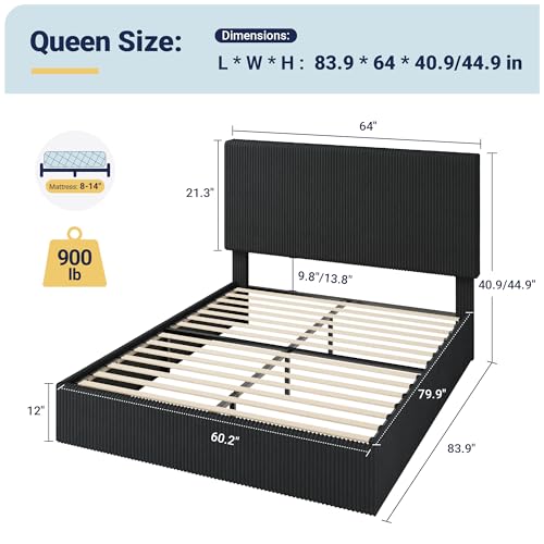 Queen Bed Frame, Adjustable Corduroy Headboard, Platform, Black