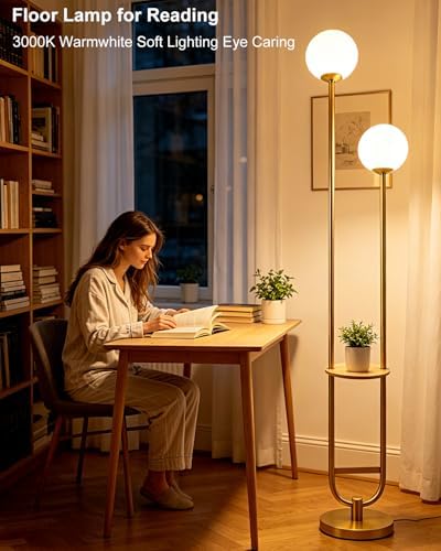 Lightdot 2 Globe Gold Floor Lamp with Table Mid Century Standing Lamps with 3000K LED Bulbs Unique U-Pole Vintage Tall Floor Lamp with 5Lbs Heavy Base for Living Room/Bedroom/Wedding/Party/Home Decor