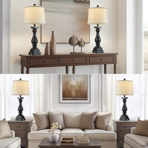 28" Tall Farmhouse Table Lamps Set of 2 with USB C+A Ports and AC Outlet, 3 Way Touch Control Rustic Bedside Lamp for Bedroom, Black Vintage Nightstand Lamp for Living Room Office