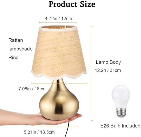 Small Table Lamp - Brass Gold Mini Table Lamps for Bedroom Vintage Decor Bedside Lamps for Night Stands Scalloped Rattan Shade Desk Lamp for Kids Room, Living Room, College Dorm, Home, Kitchen