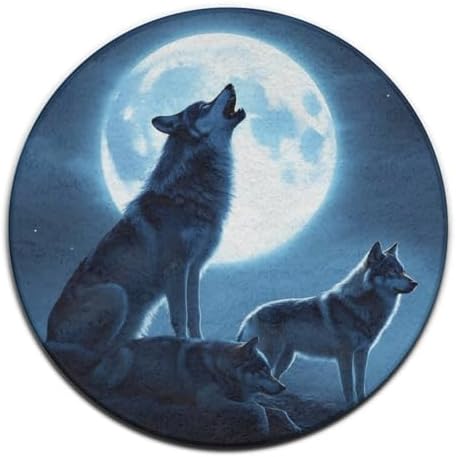 Large Home Decor Mat, Soft Round Yoga Carpet, Non Slip Machine Washable Home Office Circle Rug Full Moon Howling Wolves