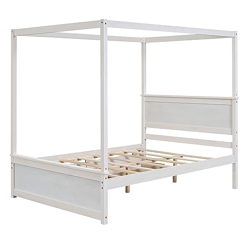 Full Size Canopy Platform Bed with 2 Drawers, Wooden Bed Frame with Support Slats, No Box Spring Needed, Brushed White