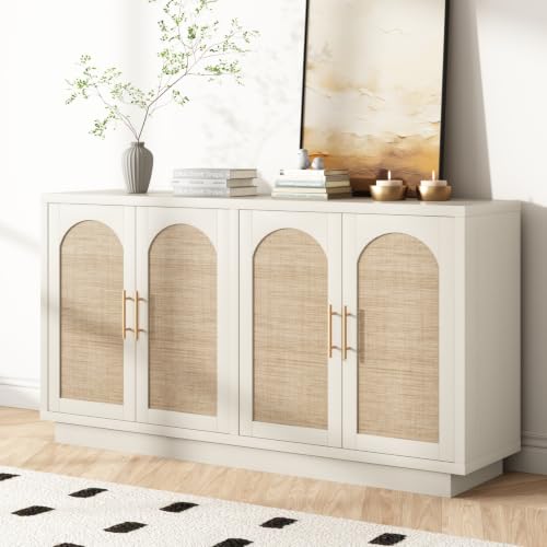 59" Rattan Sideboard Buffet Cabinet with Storage, 4 Arched Doors