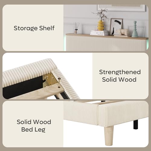 King Bed Frame with Storage Headboard & LED, Upholstered, Beige