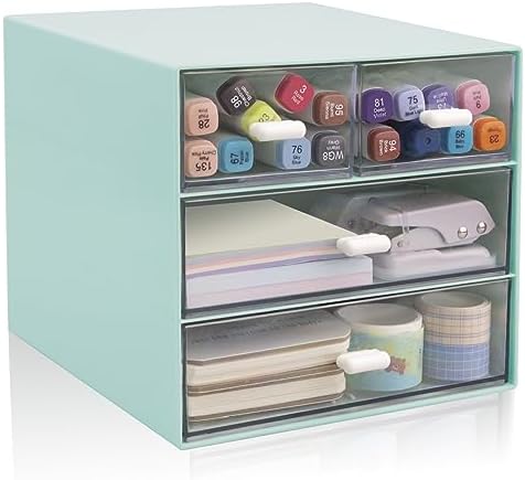 Desk Organizer with Drawer, Office Organizer with 4 Drawers, Desk Storage Box for, Desktop, Dressing table, Office, School, Home, Plastic Box and 4 Acrylic Drawers(Blue)