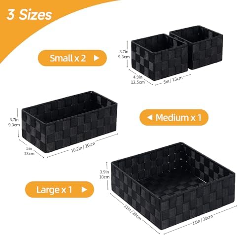 Posprica Small Black Baskets Cube Bin Container Tote,Woven Storage Baskets for Organizing Organizer Divider for Drawer, Closet, Shelf, Dresser, Set of 4